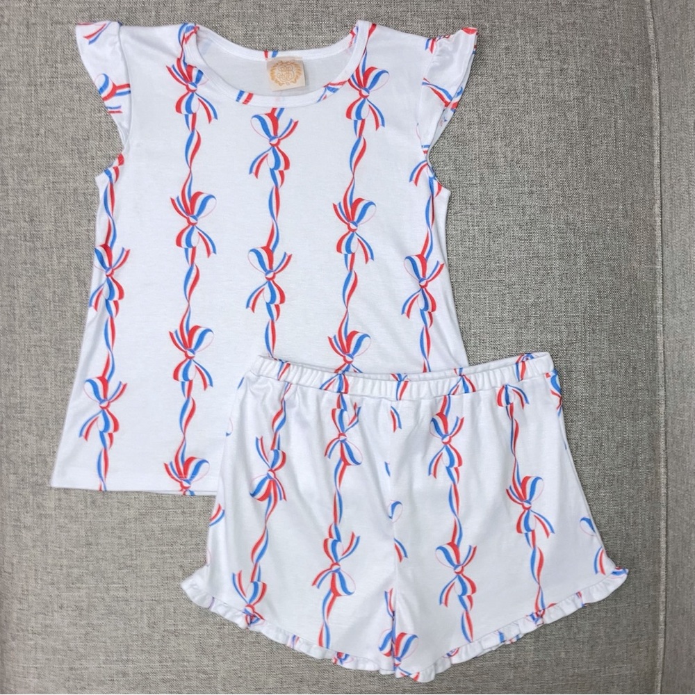 The Beaufort Bonnet Company White Pajama Set with Red and Blue Ribbon Print